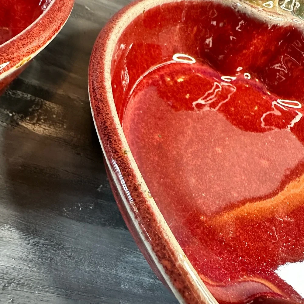 Vintage 1998 PBP red Stoneware individual apple shaped bakers set of 2 signed